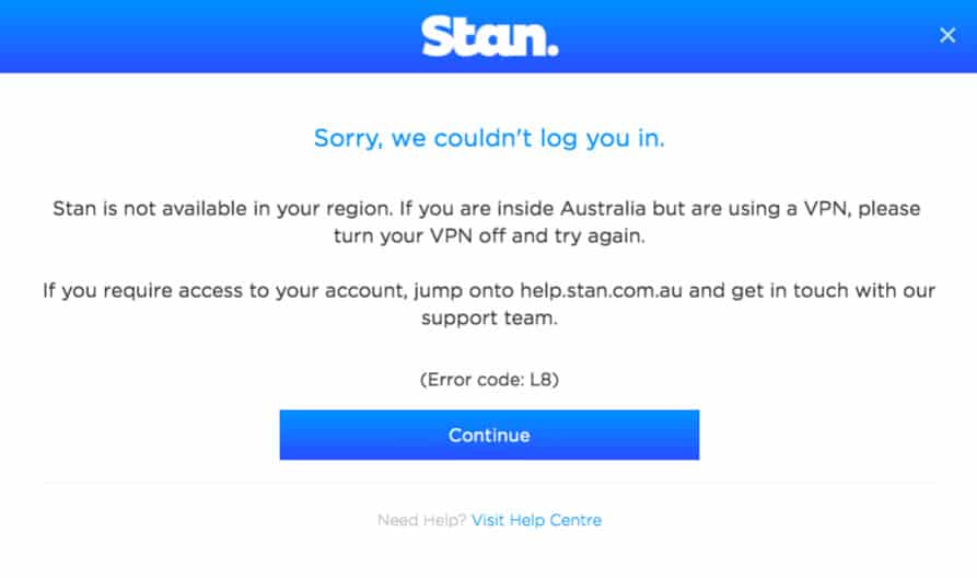 Stan geo-locking error while streaming outside Australia 