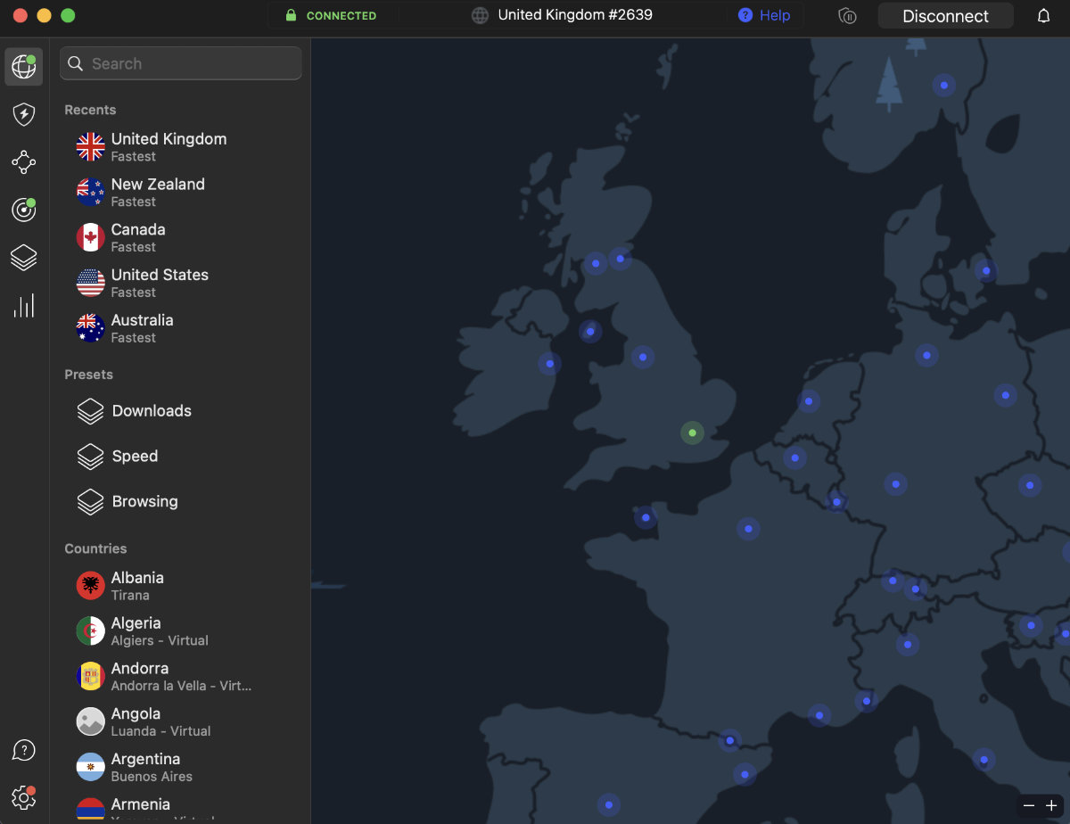 Connecting to the UK server with a VPN